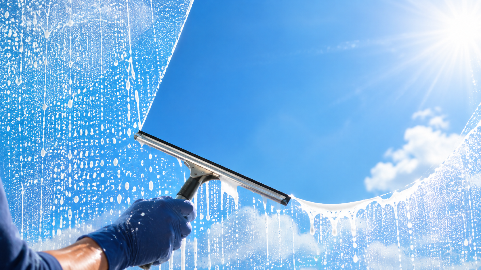 Window cleaner wiping soap suds off a glass window in the sun
